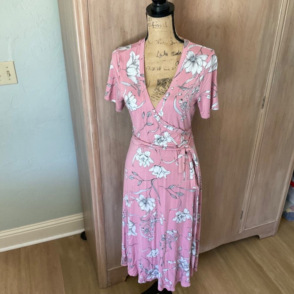 MATTY M Blush Pink faux wrap Dress Short Sleeve Jersey floral Cottagecore  L - Picture 4 of 14